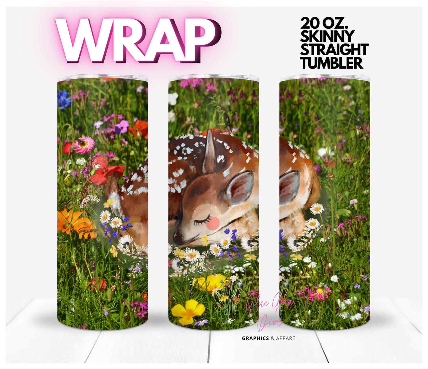 Fawn and Flowers - Digital tumbler wrap for 20 oz skinny straight tumbler