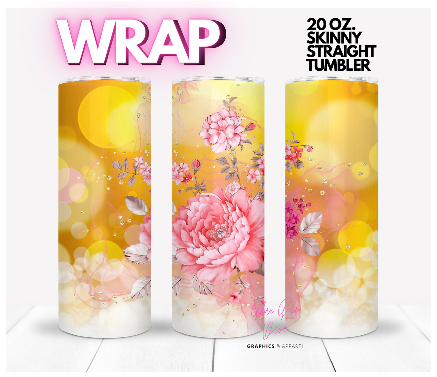 Pink Roses with Yellow Boheh background- Digital tumbler wrap for 20 oz skinny straight tumbler