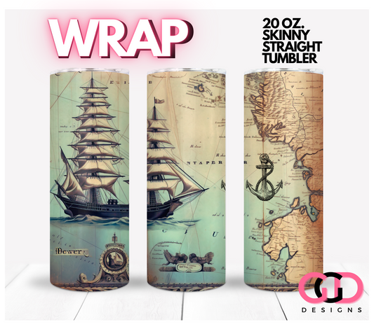 Vintage Sail Map-   Digital tumbler wrap for 20 oz skinny straight tumbler