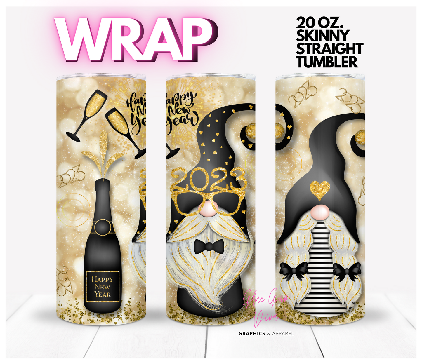 Happy New Year 2023 Gnomes - Digital tumbler wrap for 20 oz skinny straight tumbler