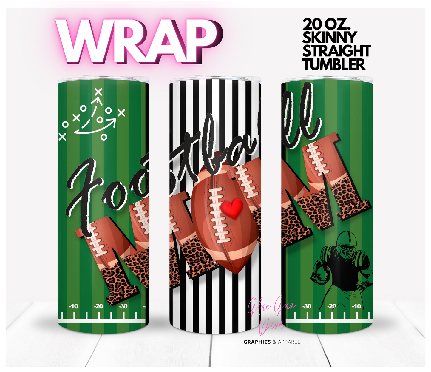 Football Mom Green and Stripes -  Digital tumbler wrap for 20 oz skinny straight tumbler