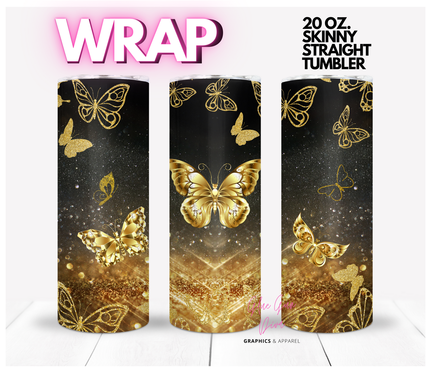 Golden Butterflies - Digital tumbler wrap for 20 oz skinny straight tumbler