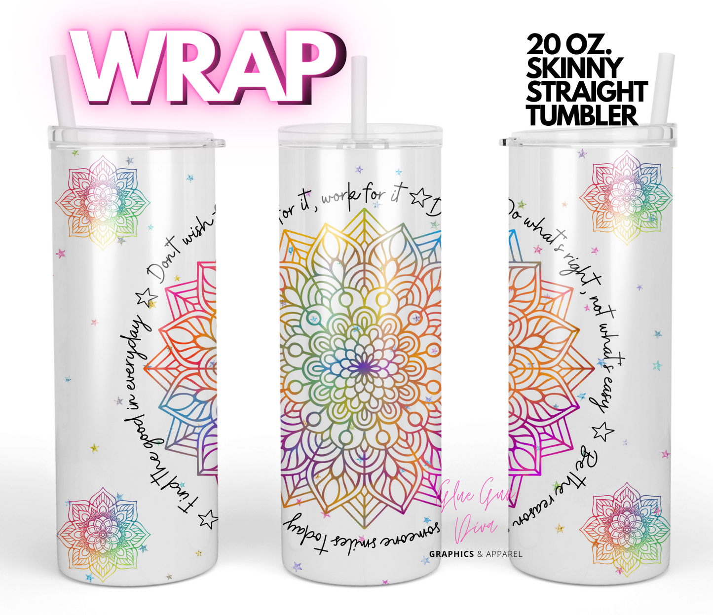 Rainbow Mandala-   Digital tumbler wrap for 20 oz skinny straight tumbler