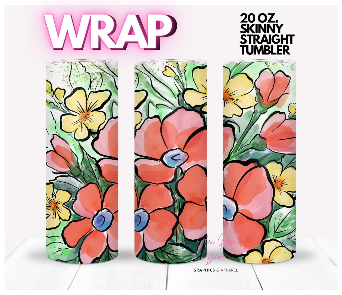 Watercolor orange flowers- Digital tumbler wrap for 20 oz skinny straight tumbler