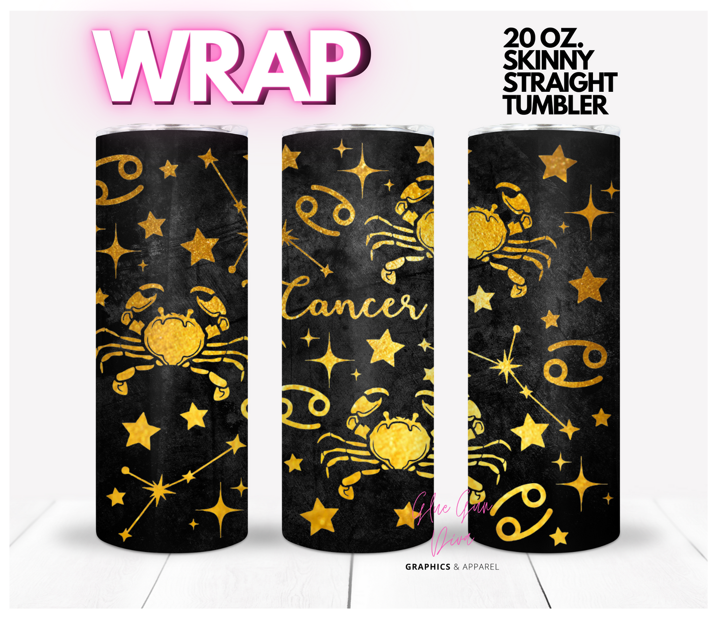 Cancer Zodiac Sign Gold and Black-  Digital tumbler wrap for 20 oz skinny straight tumbler