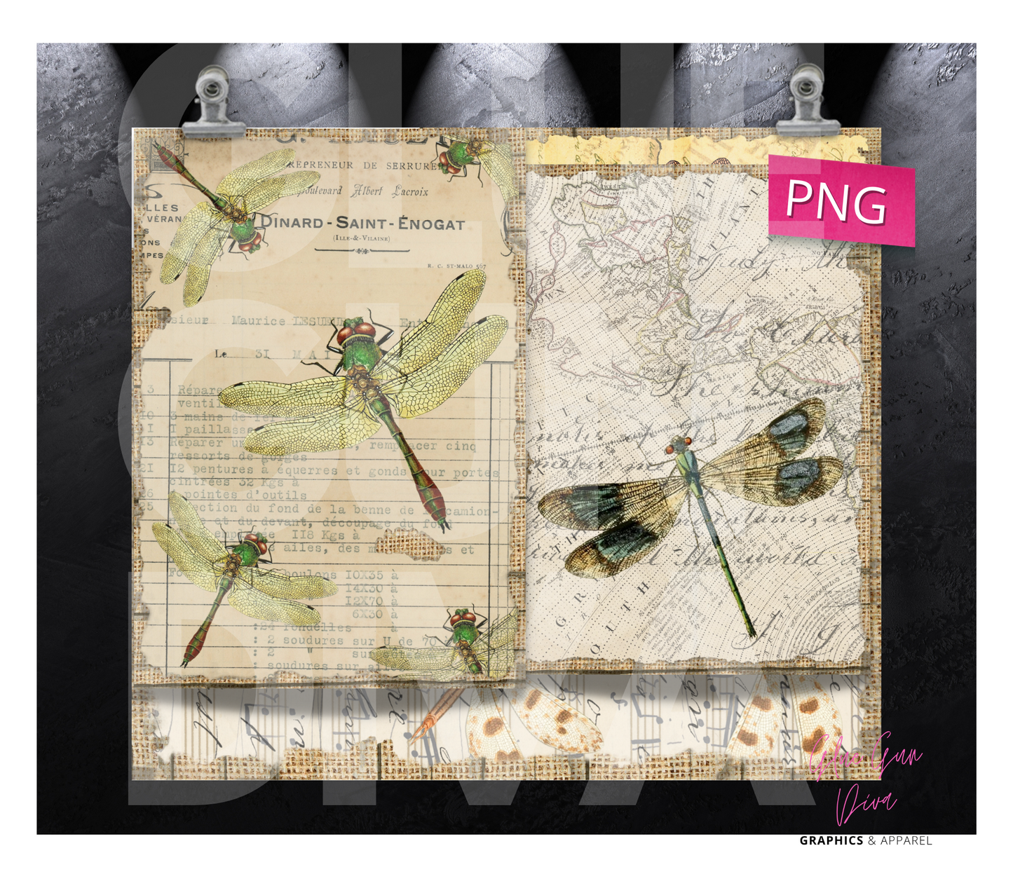 Vintage Dragonflies - Digital tumbler wrap for 20 oz skinny straight tumbler