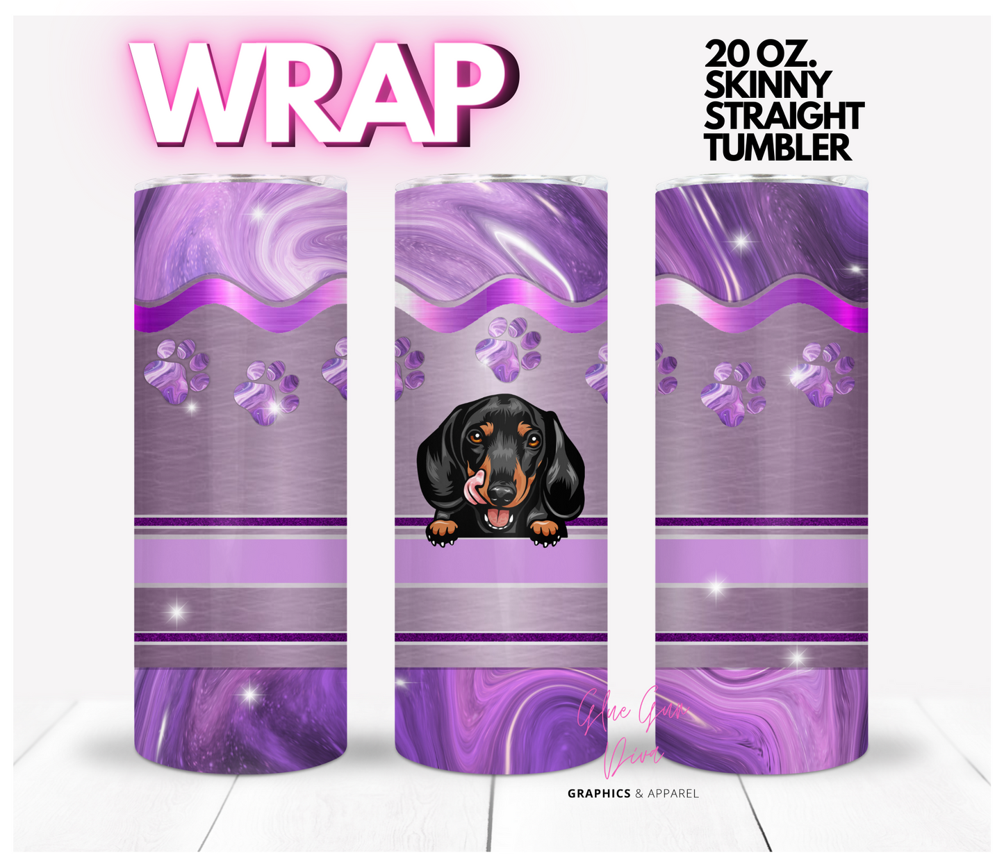 Purple Swirl Daschshund Peek - Digital tumbler wrap for 20 oz skinny straight tumbler