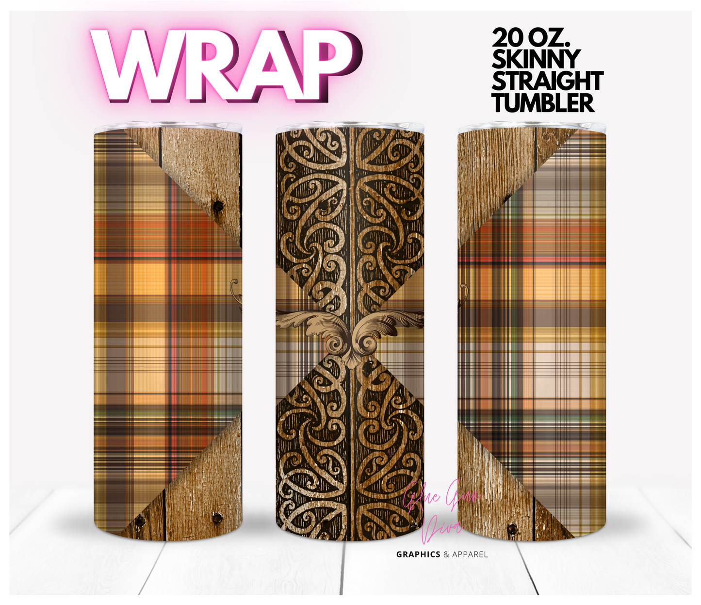 Wood Design and Fall Plaid -  Digital tumbler wrap for 20 oz skinny straight tumbler