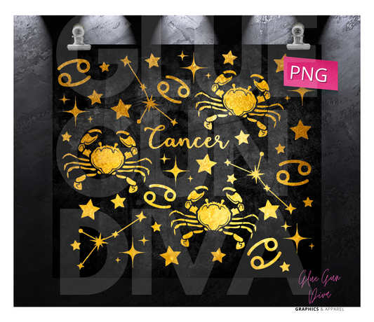 Cancer Zodiac Sign Gold and Black-  Digital tumbler wrap for 20 oz skinny straight tumbler