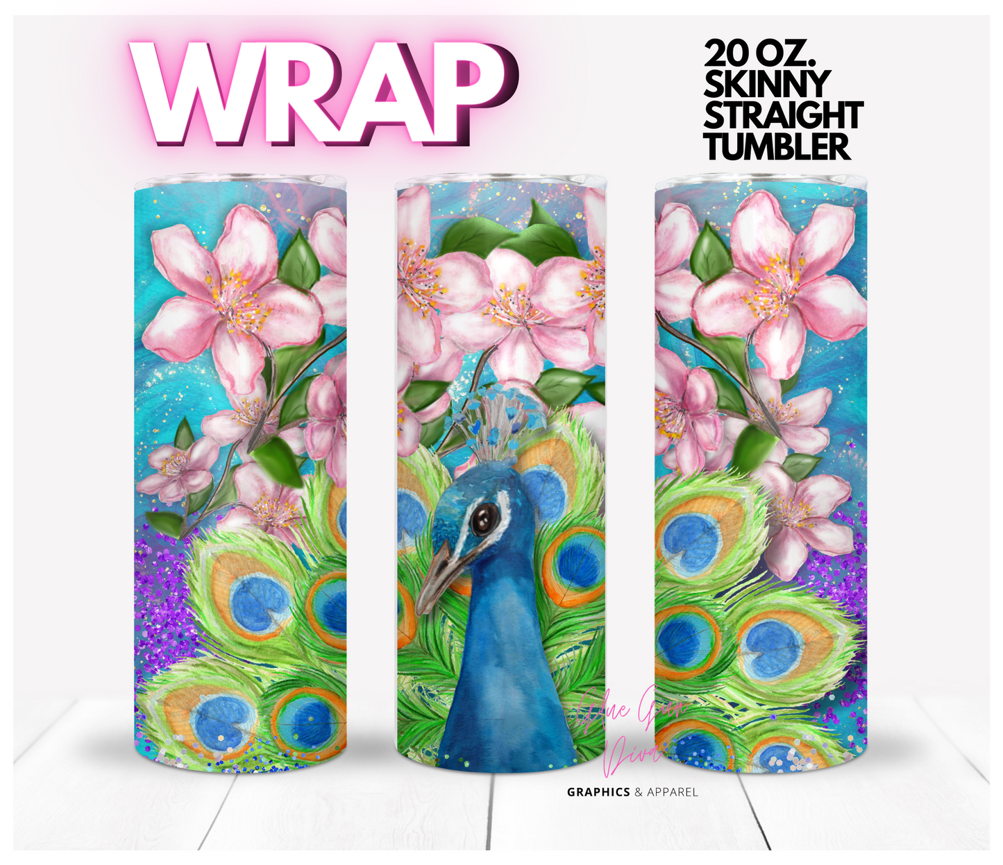 Peacock Magic- Digital tumbler wrap for 20 oz skinny straight tumbler