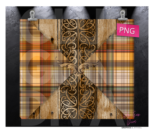 Wood Design and Fall Plaid -  Digital tumbler wrap for 20 oz skinny straight tumbler