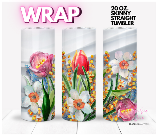 Flowers against white silk -   Digital tumbler wrap for 20 oz skinny straight tumbler