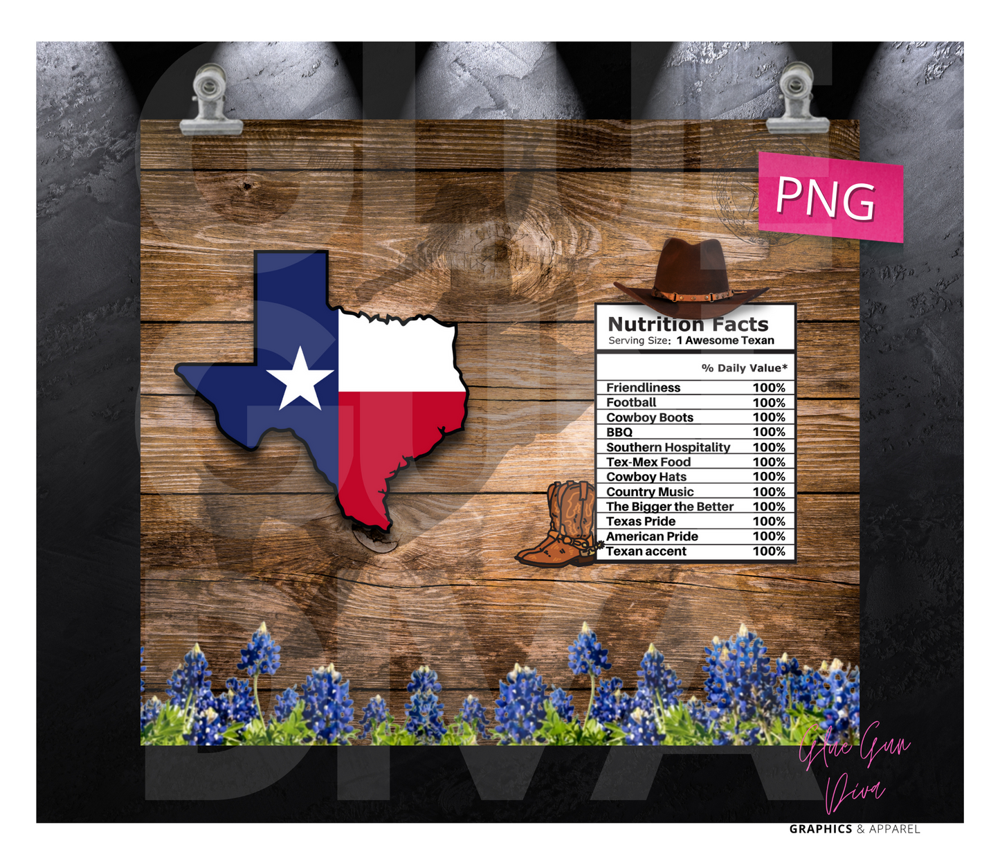 Texan Nutrition Facts - Digital tumbler wrap for 20 oz skinny straight tumbler