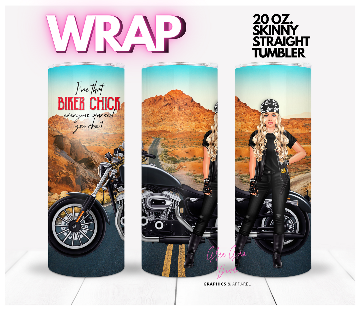 Biker Chick Blonde - Digital tumbler wrap for 20 oz skinny straight tumbler