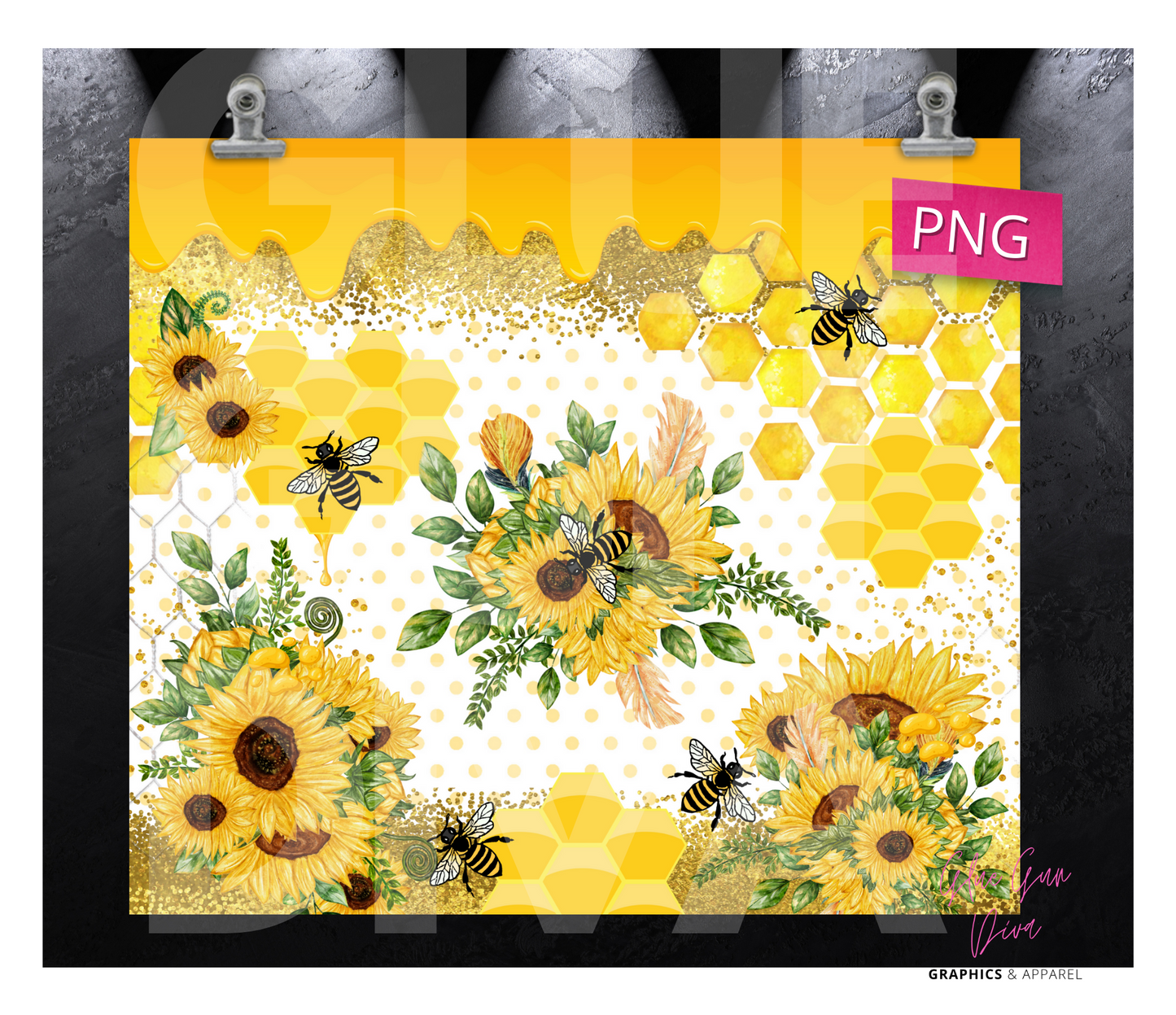 Bees and Sunflowers- Digital tumbler wrap for 20 oz skinny straight tumbler