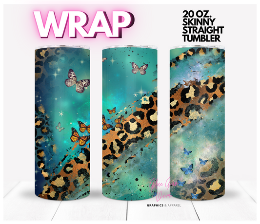 Animal Print and Teal Butterflies-   Digital tumbler wrap for 20 oz skinny straight tumbler