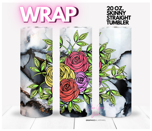 Flowers and Black Marble -Digital tumbler wrap for 20 oz skinny straight tumbler