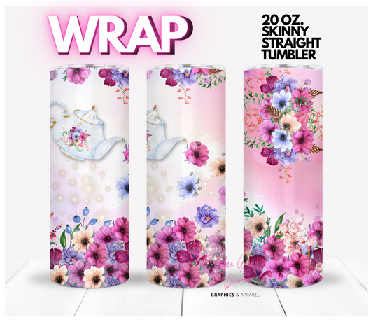 Teapot Flowers - Digital tumbler wrap for 20 oz skinny straight tumbler