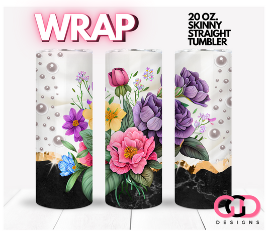 Black Marble Flowers and Pearls-   Digital tumbler wrap for 20 oz skinny straight tumbler