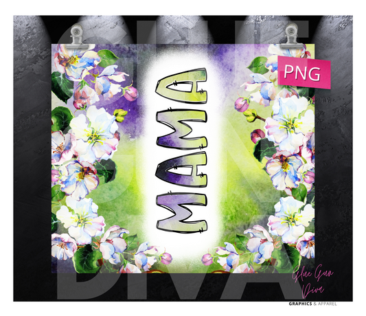 MAMA Flowers Green and Purple Background- Digital tumbler wrap for 20 oz skinny straight tumbler