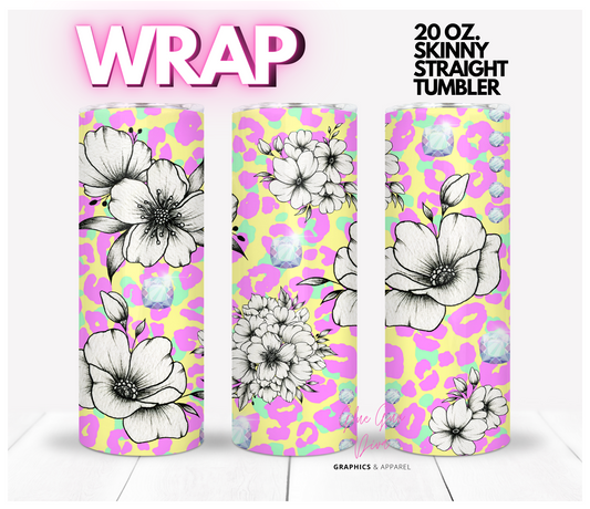 Pastel Leopard Print Black White Flowers-  Digital tumbler wrap for 20 oz skinny straight tumbler