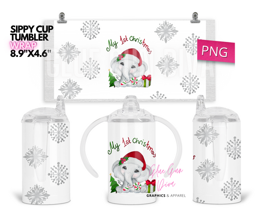 My First Christmas Baby Elephant - Digital Sippy Cup Wrap for kid's cups 12 oz