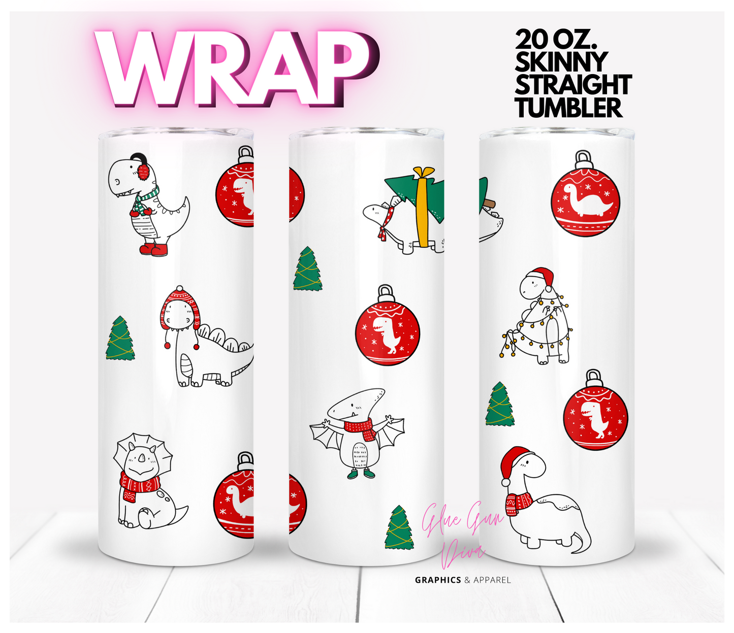 Dino Christmas - Digital tumbler wrap for 20 oz skinny straight tumbler