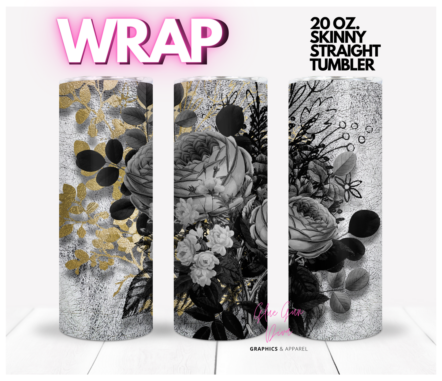 Grey Bouquette- Digital tumbler wrap for 20 oz skinny straight tumbler