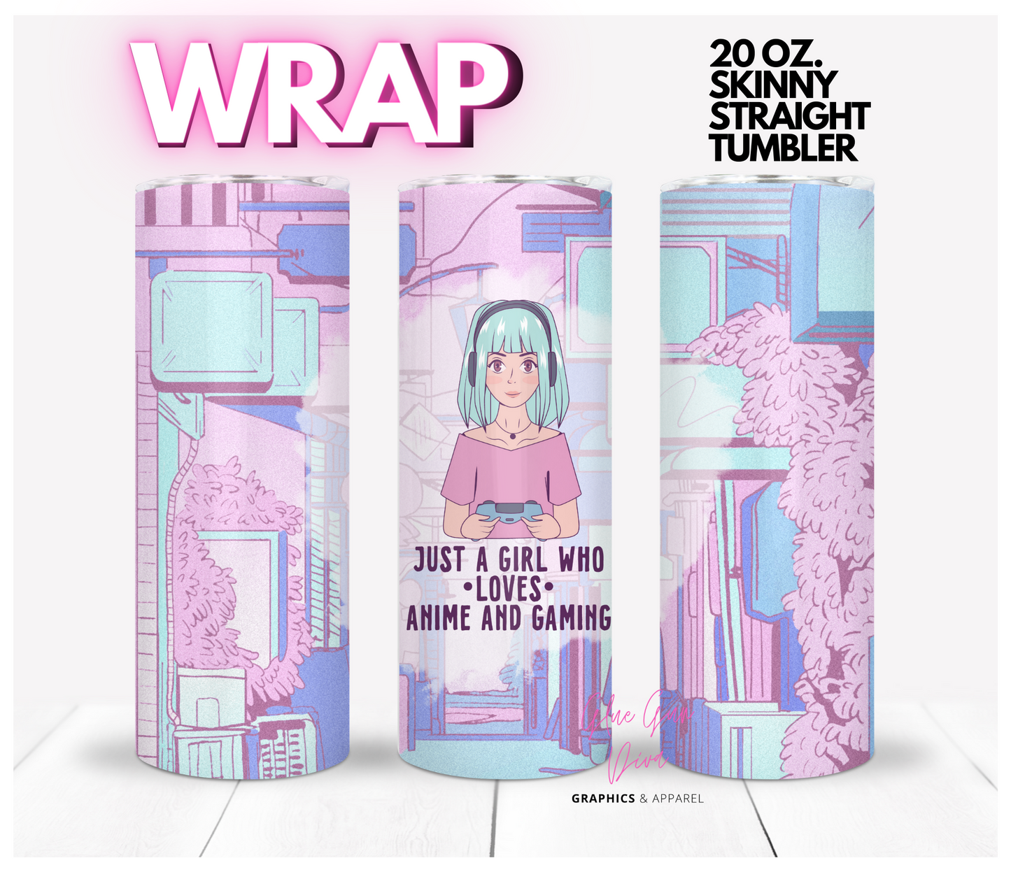 Anime Gaming Girl - Digital tumbler wrap for 20 oz skinny straight tumbler