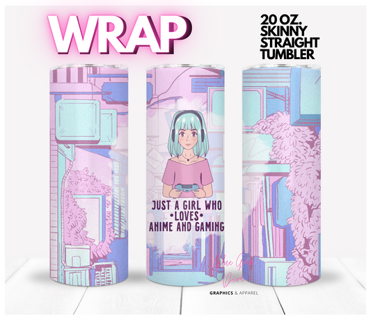 Anime Gaming Girl - Digital tumbler wrap for 20 oz skinny straight tumbler