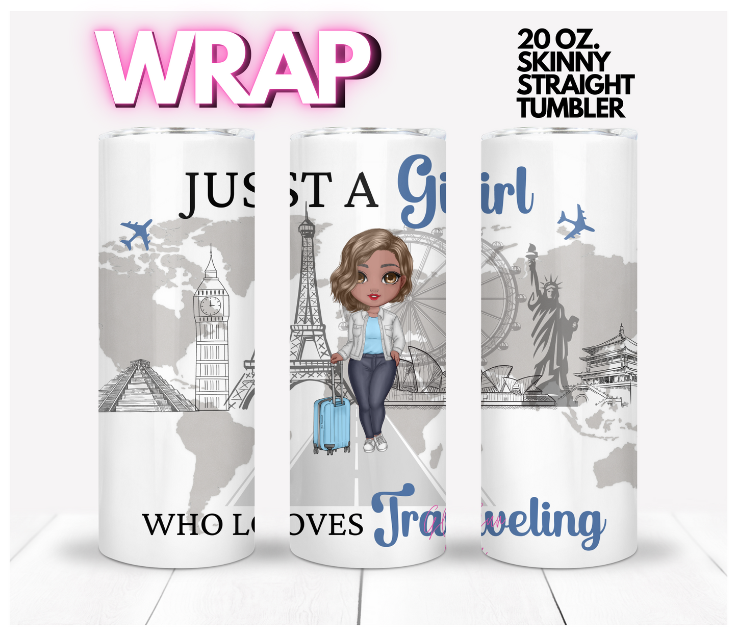 Travel Girl Skin tone 3-  Digital tumbler wrap for 20 oz skinny straight tumbler