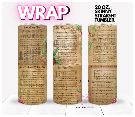 Vintage Christmas Music Sheets- Digital tumbler wrap for 20 oz skinny straight tumbler