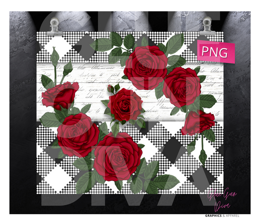 Red Roses black white-   Digital tumbler wrap for 20 oz skinny straight tumbler