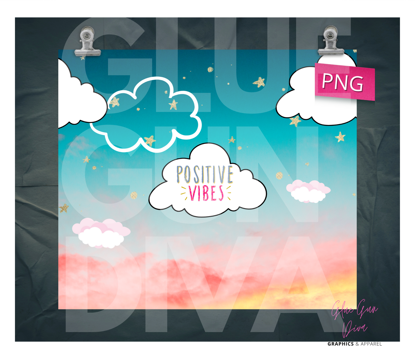 Positive Vibes Clouds - Digital tumbler wrap for 20 ox skinny straight tumbler