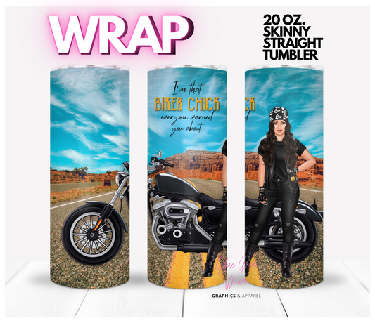 Biker Chick Black Hair - Digital tumbler wrap for 20 oz skinny straight tumbler