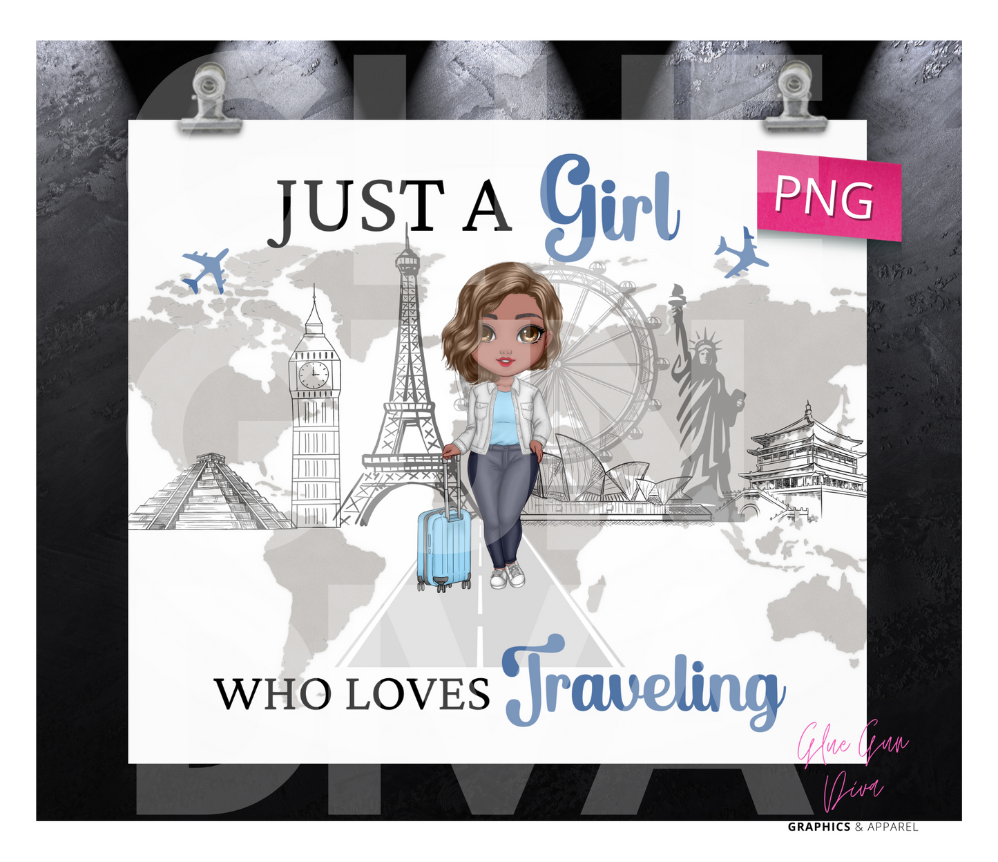 Travel Girl Skin tone 3-  Digital tumbler wrap for 20 oz skinny straight tumbler