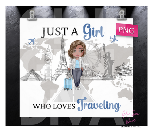 Travel Girl Skin tone 3-  Digital tumbler wrap for 20 oz skinny straight tumbler