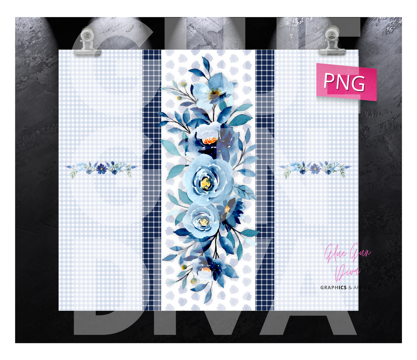 Blue Flowers Plaid- Digital tumbler wrap for 20 oz skinny straight tumbler