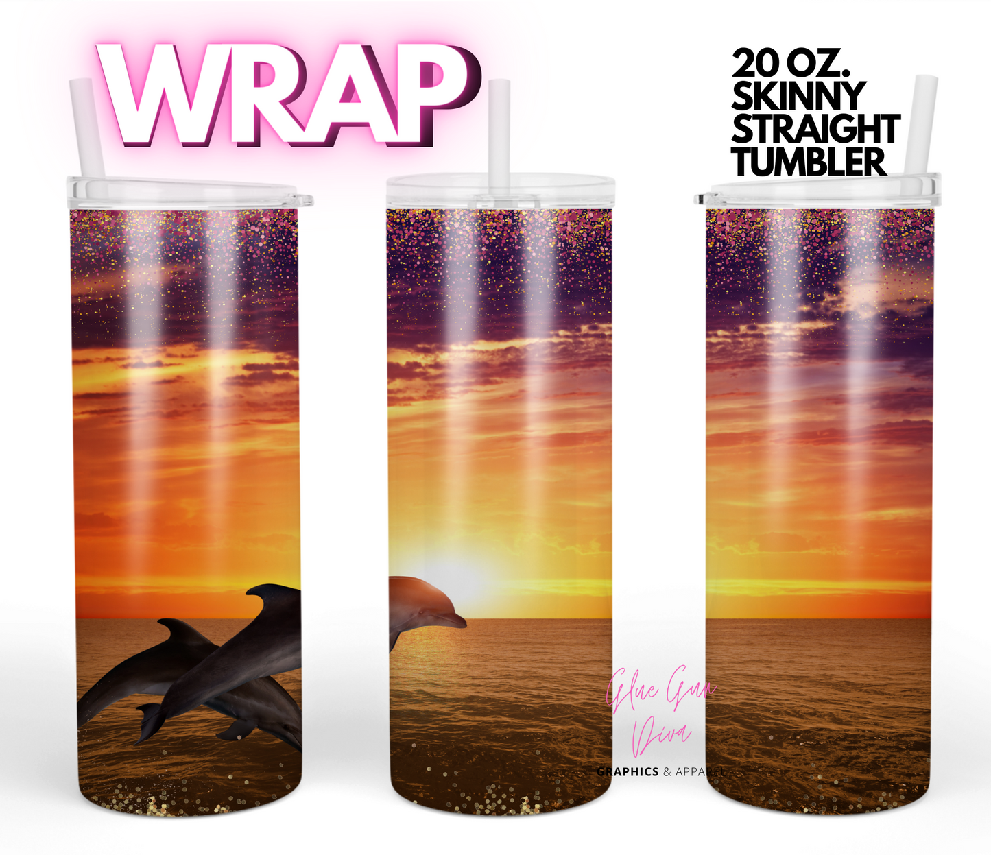 Dolphin Sunset-Digital tumbler wrap for 20 oz skinny straight tumbler