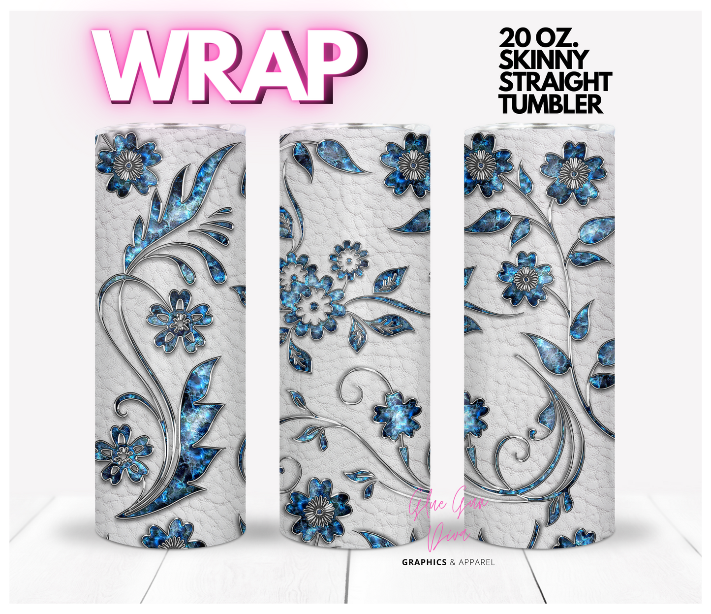 Blue Metal Flowers White leather-   Digital tumbler wrap for 20 oz skinny straight tumbler