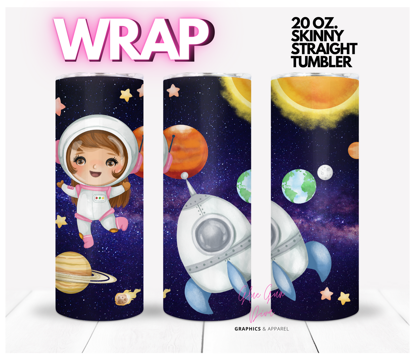 Girl Astronaut- Digital tumbler wrap for 20 oz skinny straight tumbler