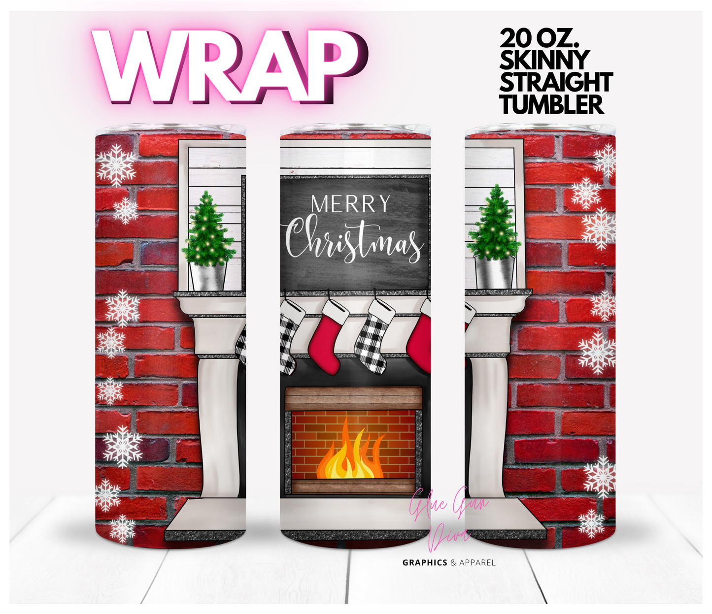 Merry Christmas Fireplace -  Digital tumbler wrap for 20 oz skinny straight tumbler