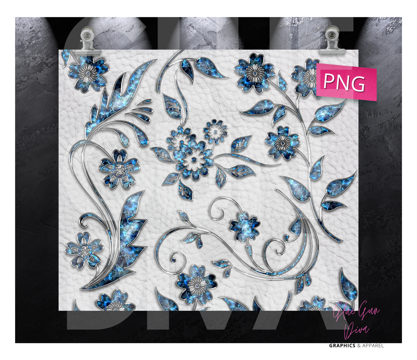 Blue Metal Flowers White leather-   Digital tumbler wrap for 20 oz skinny straight tumbler