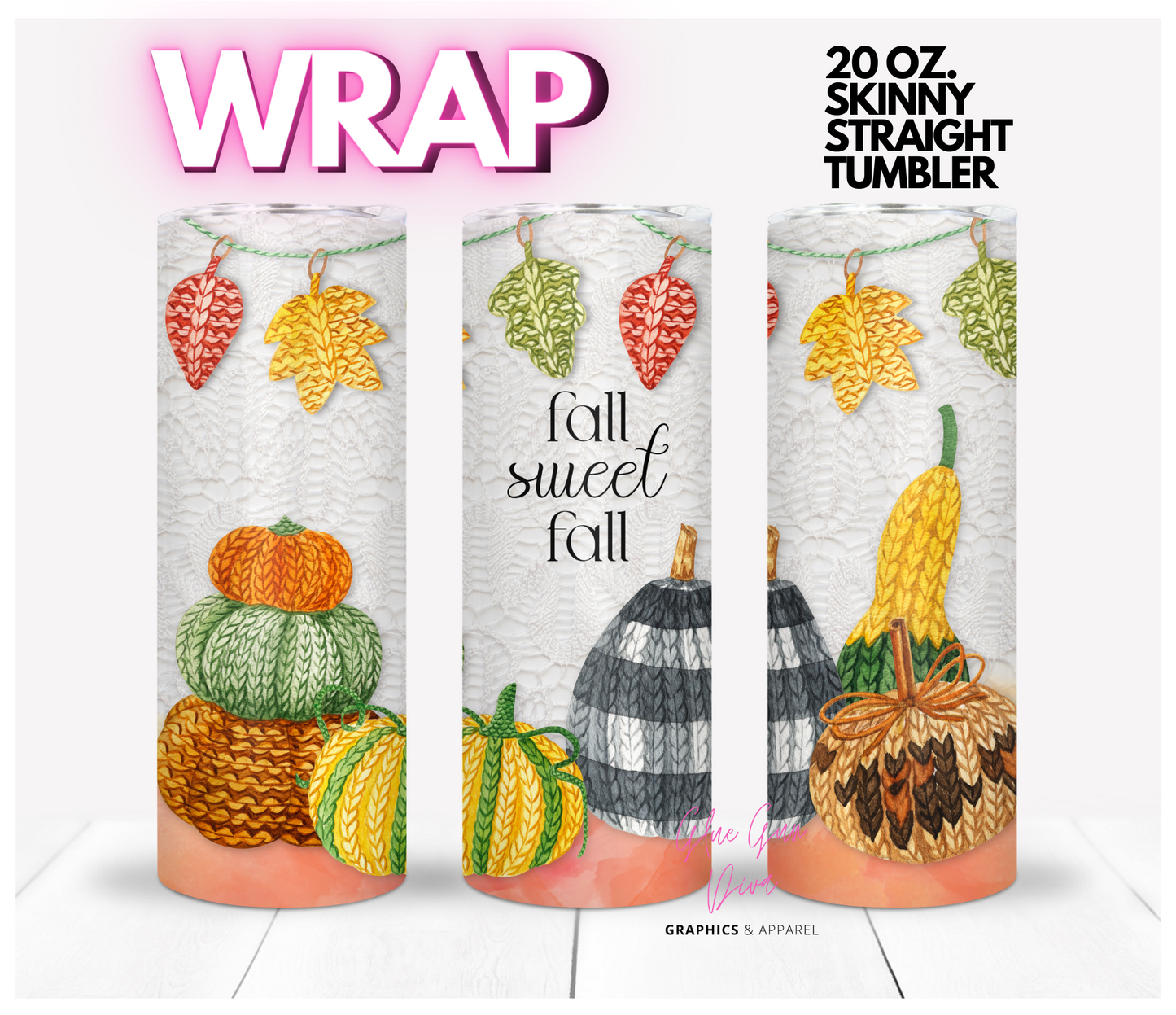 Knitted Pumpkins Fall Sweet Fall - Digital tumbler wrap for 20 oz skinny straight tumbler