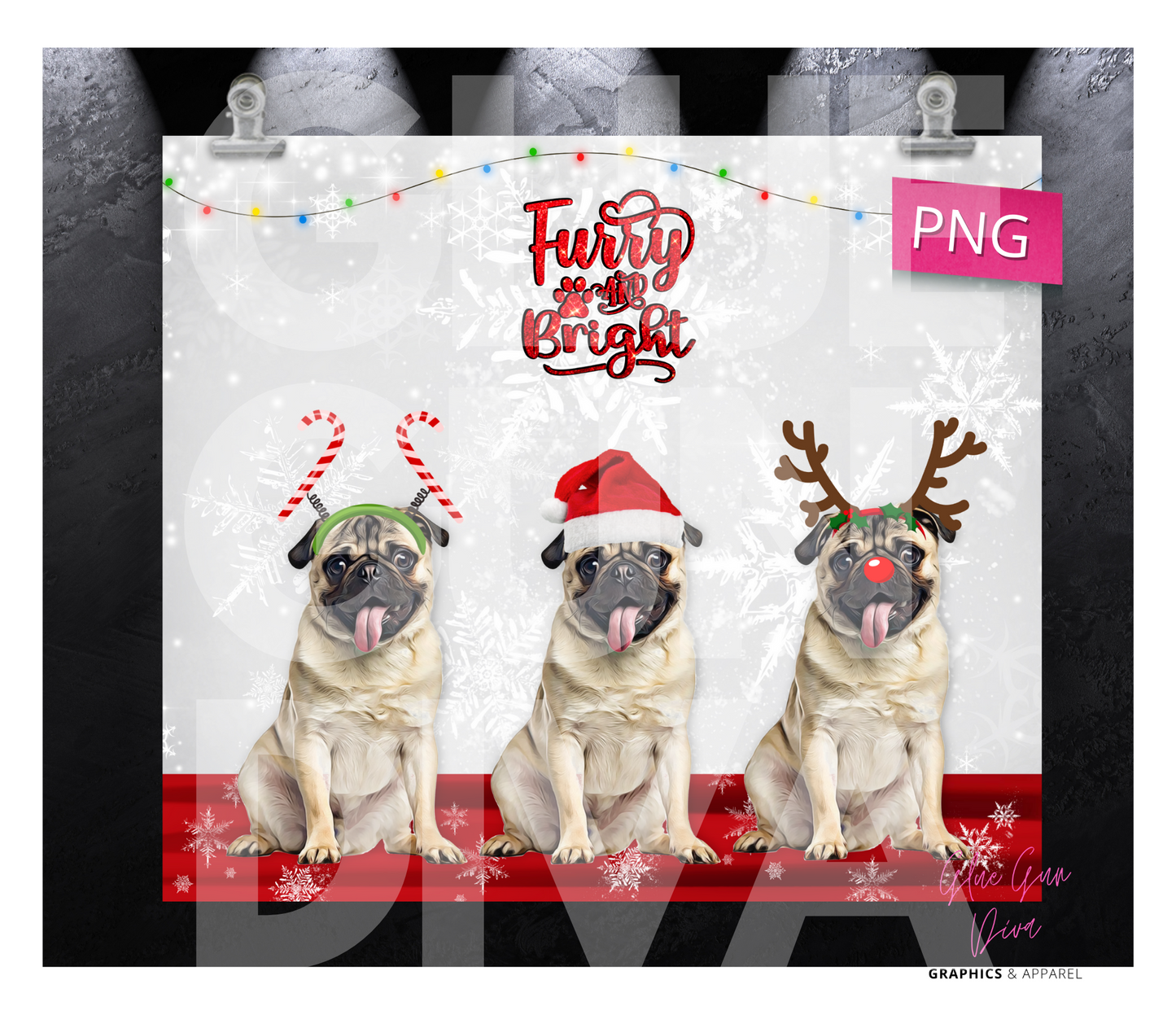 Pug furry and bright - Digital tumbler wrap for 20 oz skinny straight tumbler