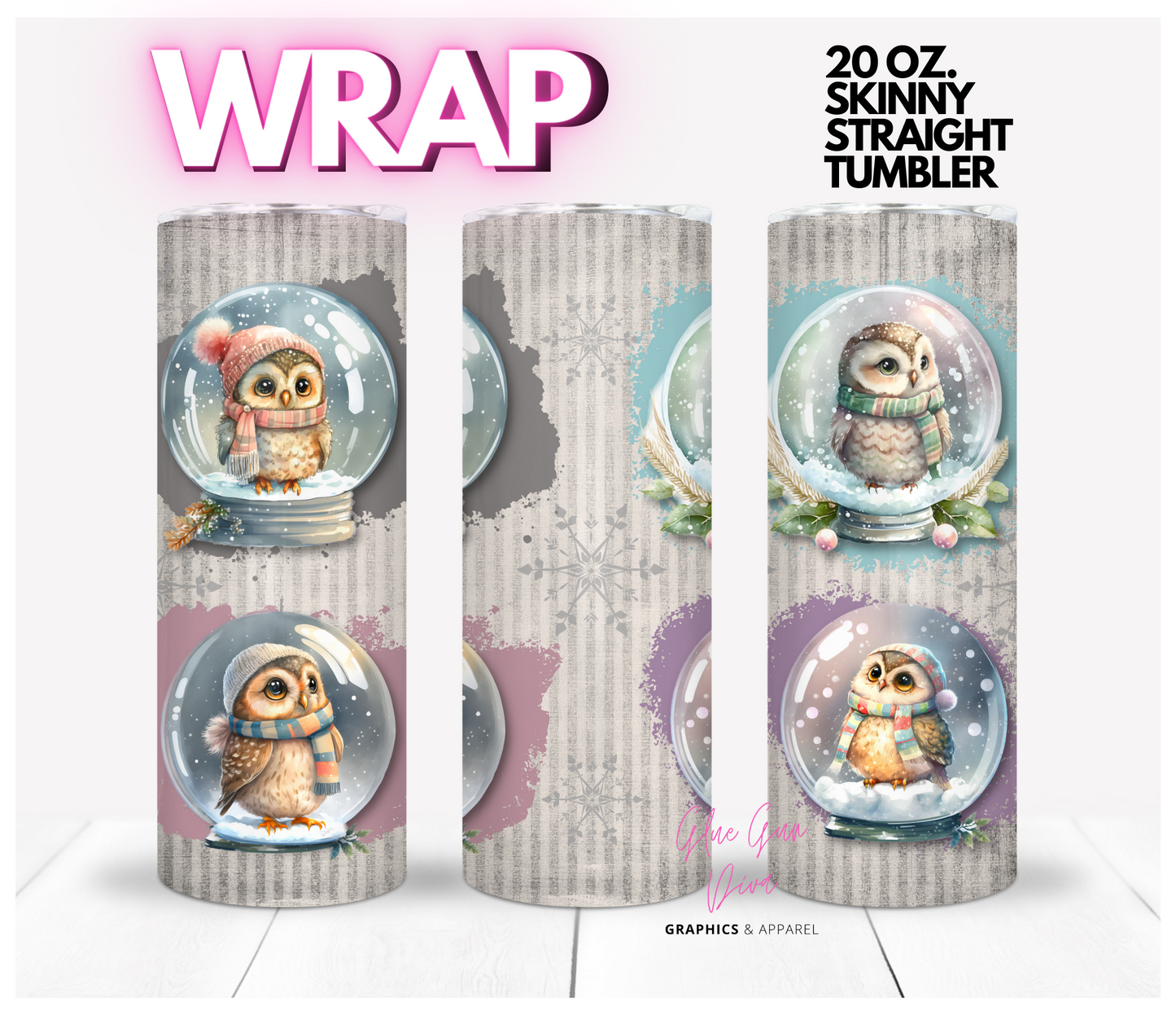 Owl Snowglobes - Digital tumbler wrap for 20 oz skinny straight tumbler