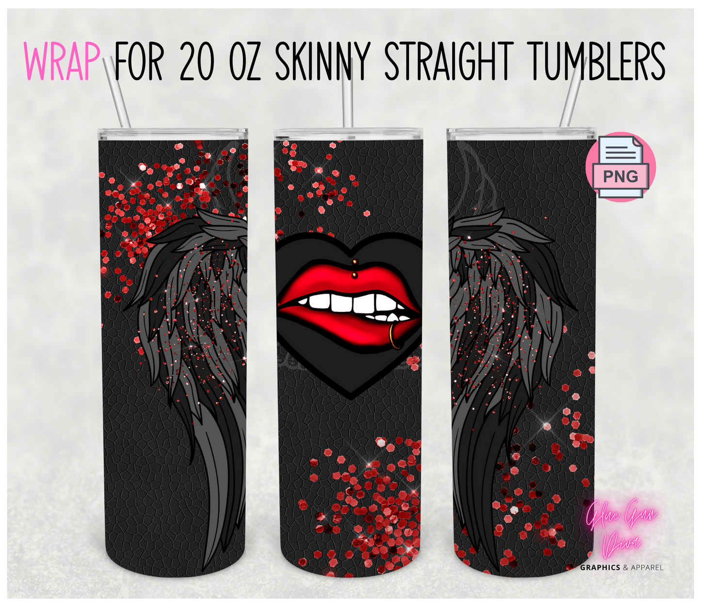 Black Wings- Digital tumbler wrap for 20 oz skinny straight tumbler