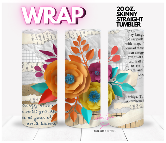 Paper Flowers- Digital tumbler wrap for 20 oz skinny straight tumbler