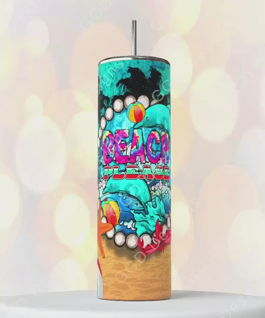 Beach Please Waves-   Digital tumbler wrap for 20 oz skinny straight tumbler