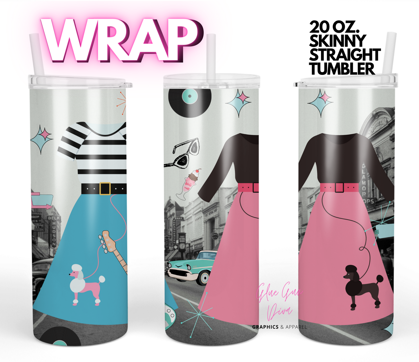 1950s dresses- Digital tumbler wrap for 20 oz skinny straight tumbler